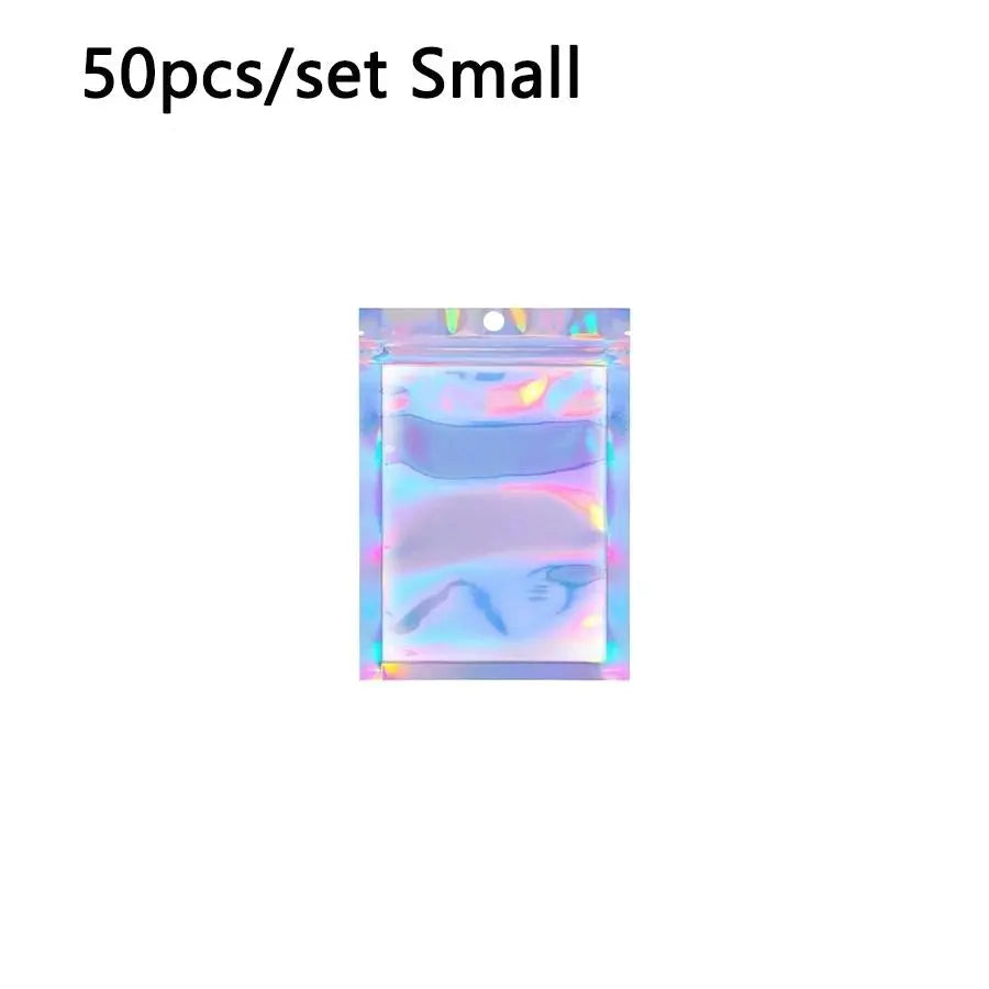 50pcs Laser Film Holographic Jewelry Packaging Bags with Hanging Hole, Half-Transparent Self-Sealing Bags, Clear Storage Bags, Phone Case Storage Bags, Colorful Plastic DIY Organizer, Plastic Organizer Pouches