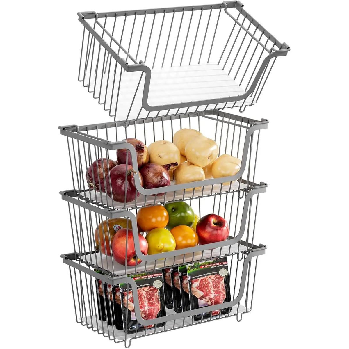 Black 4-Pcs Stackable Stainless Steel Hollow Wire Storage Bins Set - Metal Kitchen Bathroom Basket with Rotating Handle, Pet Supplies Organizer, Countertop Produce Holder
