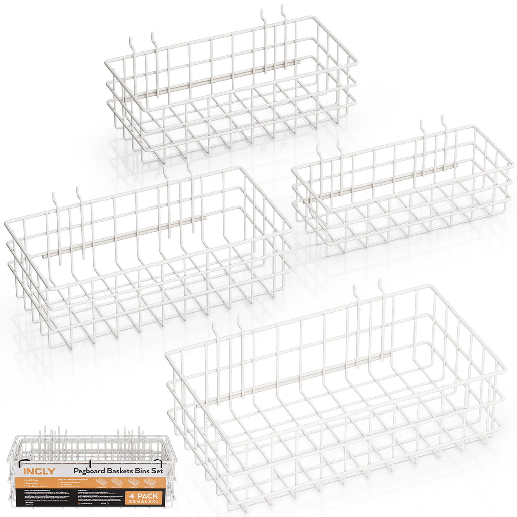 INCLY 4 Pack Pegboard Baskets Bins Set, 4 Size Square Style Black Metal Wire Basket for Any Peg Board Organizing Tools, Pegboard Accessories for Workbench Garage Wall Storage Attachments
