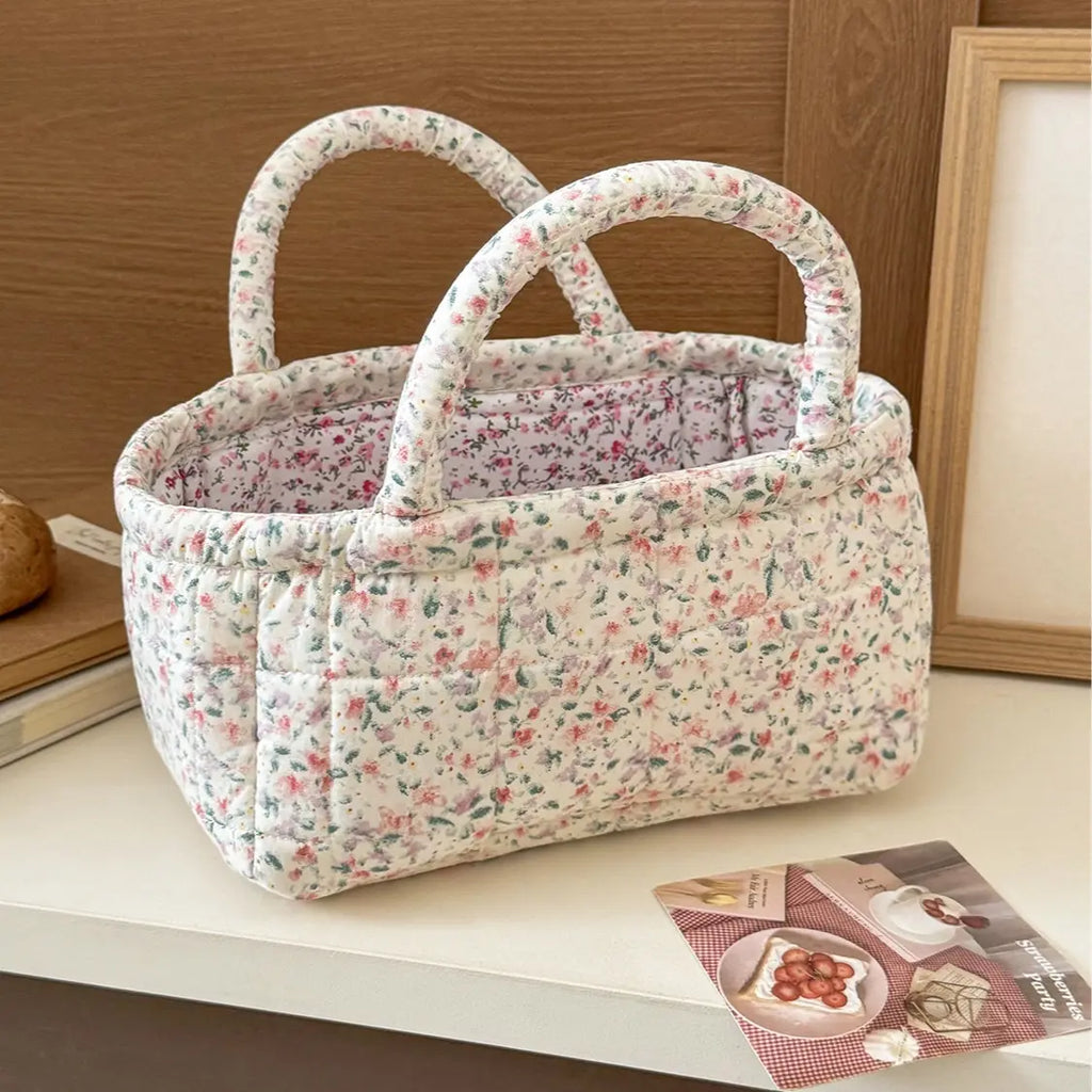 Cotton Country Chic Embroidered Print Lightweight Compact Basket - Baskets for Organizing, Baby Girl's Room Storage, Cosmetic Holder, Portable Gift Bag