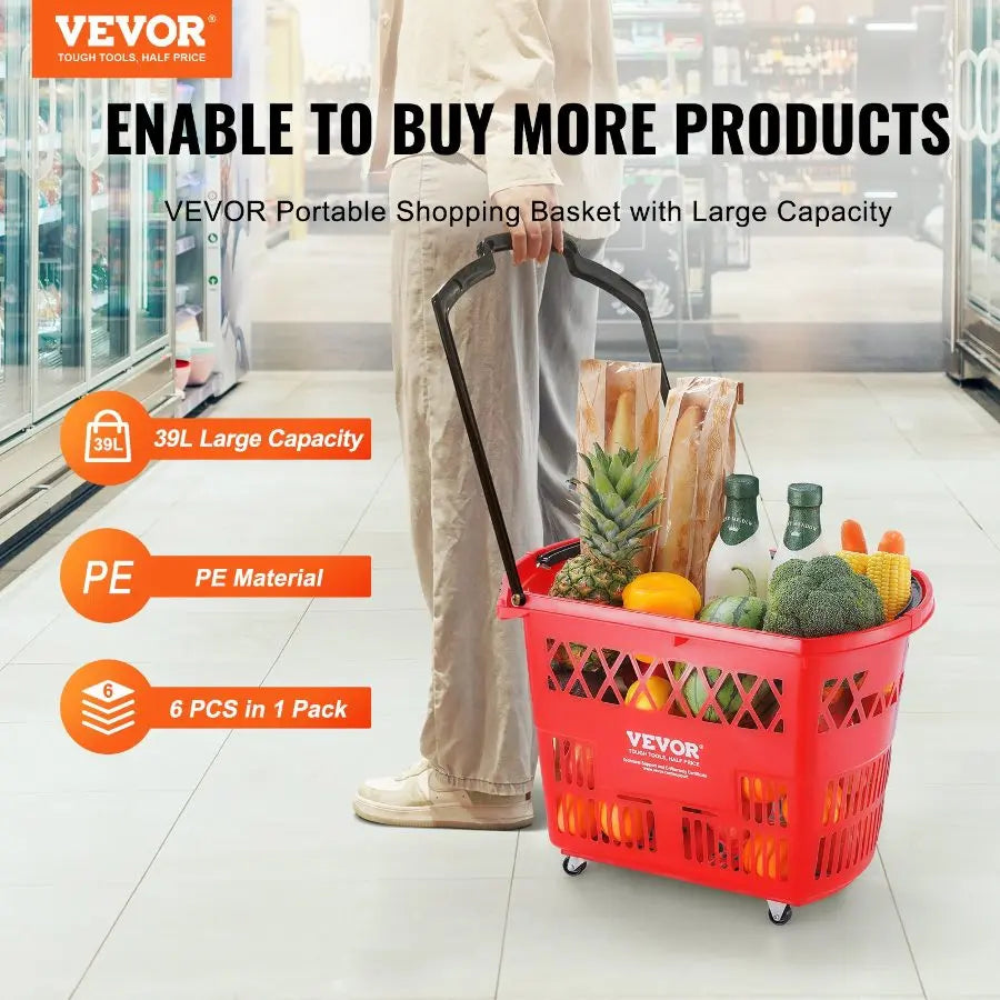 VEVOR 6PCS 39L Plastic Rolling Shopping Baskets with Handles & Wheels, Large Portable Set for Supermarkets, Grocery Shopping, With Wheel