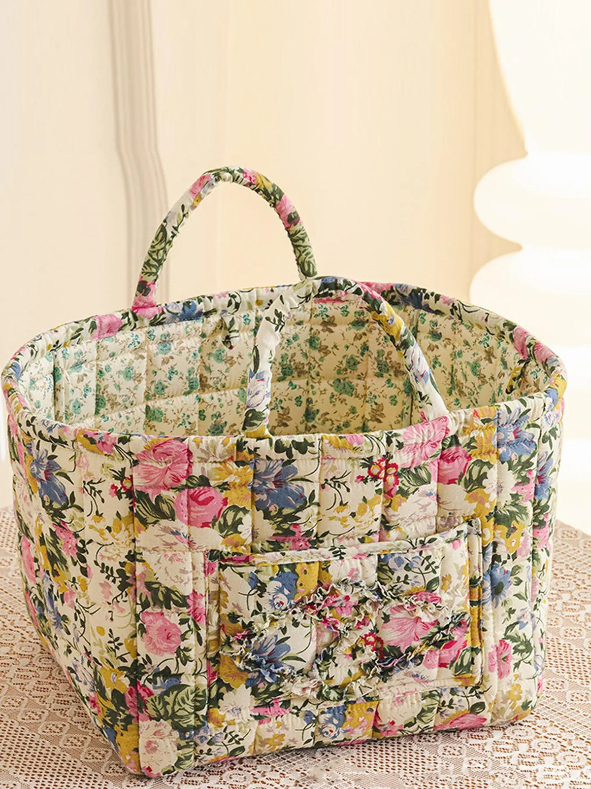 Floral Pattern Flower Fabric Storage Tote Basket, Portable Underwear Organizer, Organizing Baskets, Home Organization for Kitchen Bathroom Bedroom Living Room Office, Decorative Storage Basket