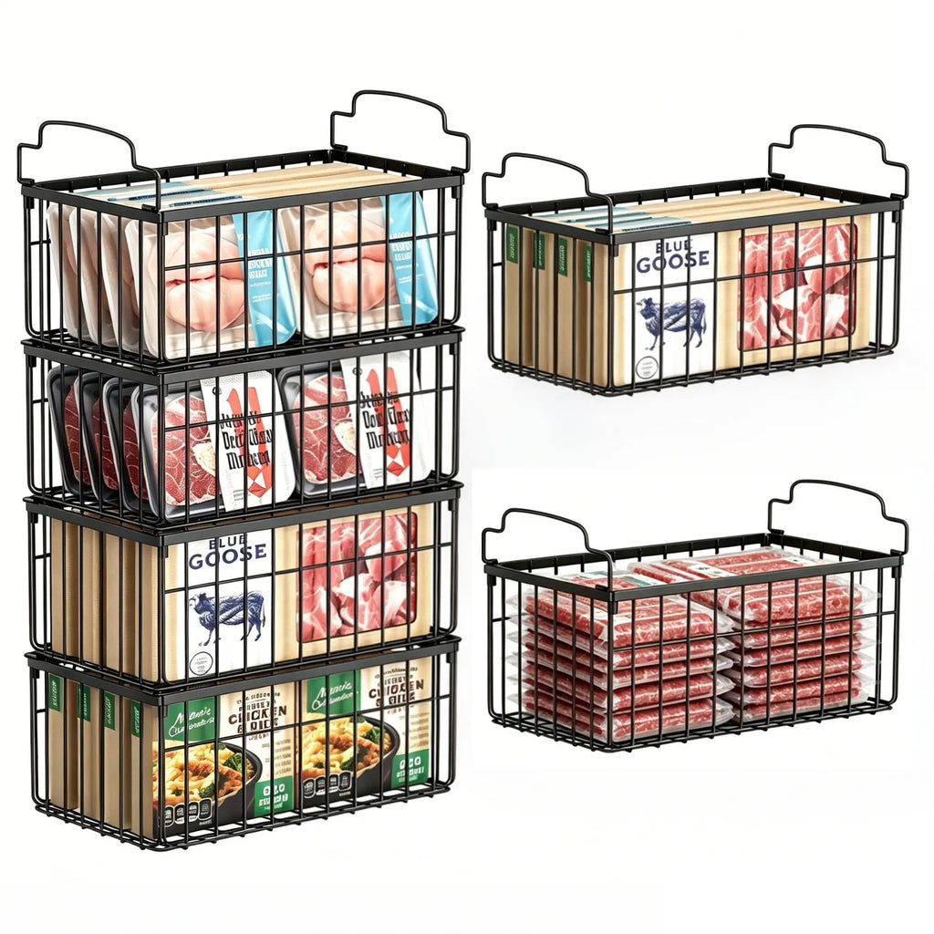Msercuor Stackable Wire Freezer Organizer Bins - Black 4 Pack, Durable Rustproof Stainless Steel Storage Baskets with Open-Frame Design, Space-Saving Lifttograb Access, Keeps Food Fresher Longer (2/6/8 Pack Options)