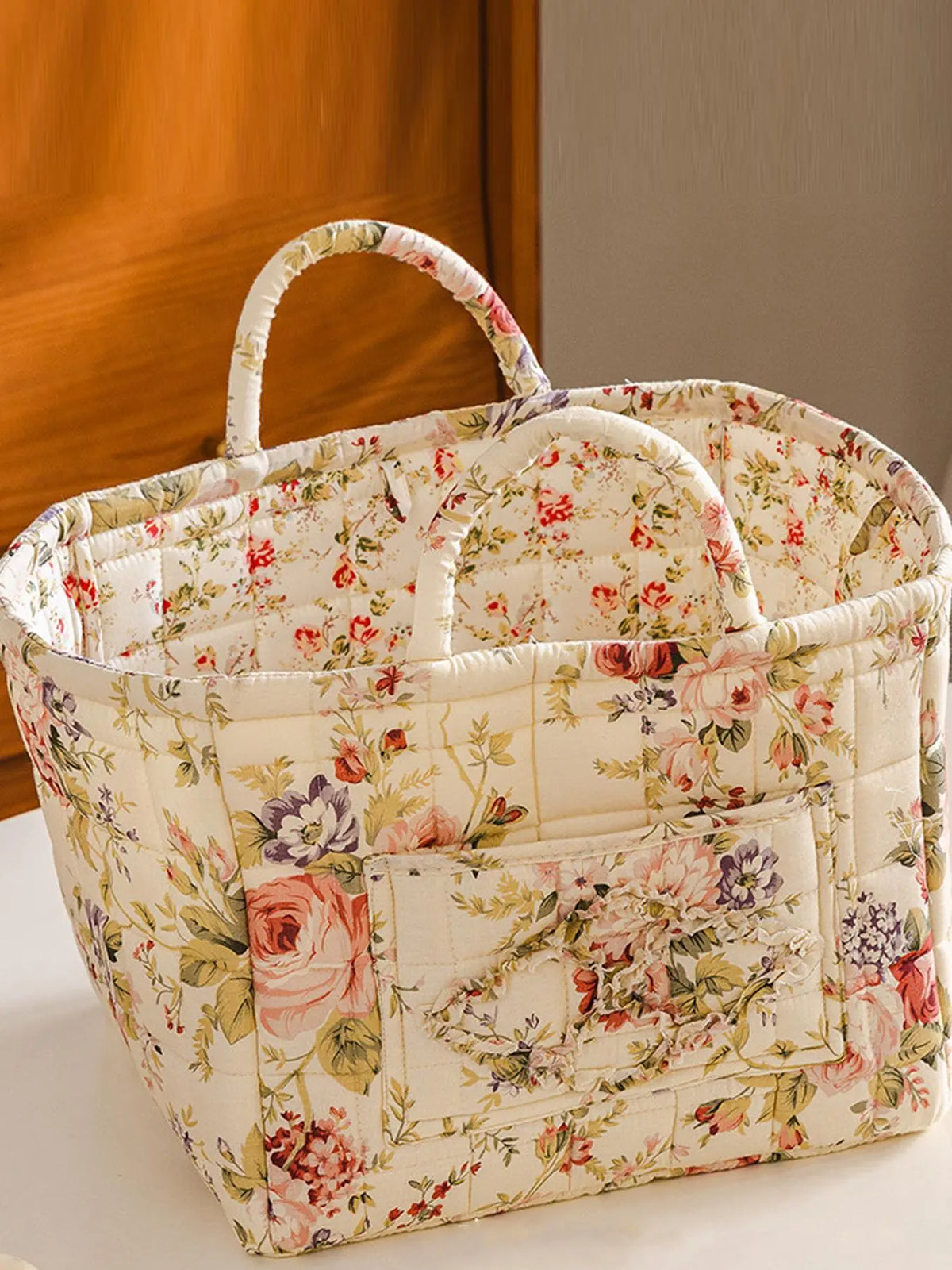 Floral Pattern Flower Fabric Storage Tote Basket, Portable Underwear Organizer, Organizing Baskets, Home Organization for Kitchen Bathroom Bedroom Living Room Office, Decorative Storage Basket