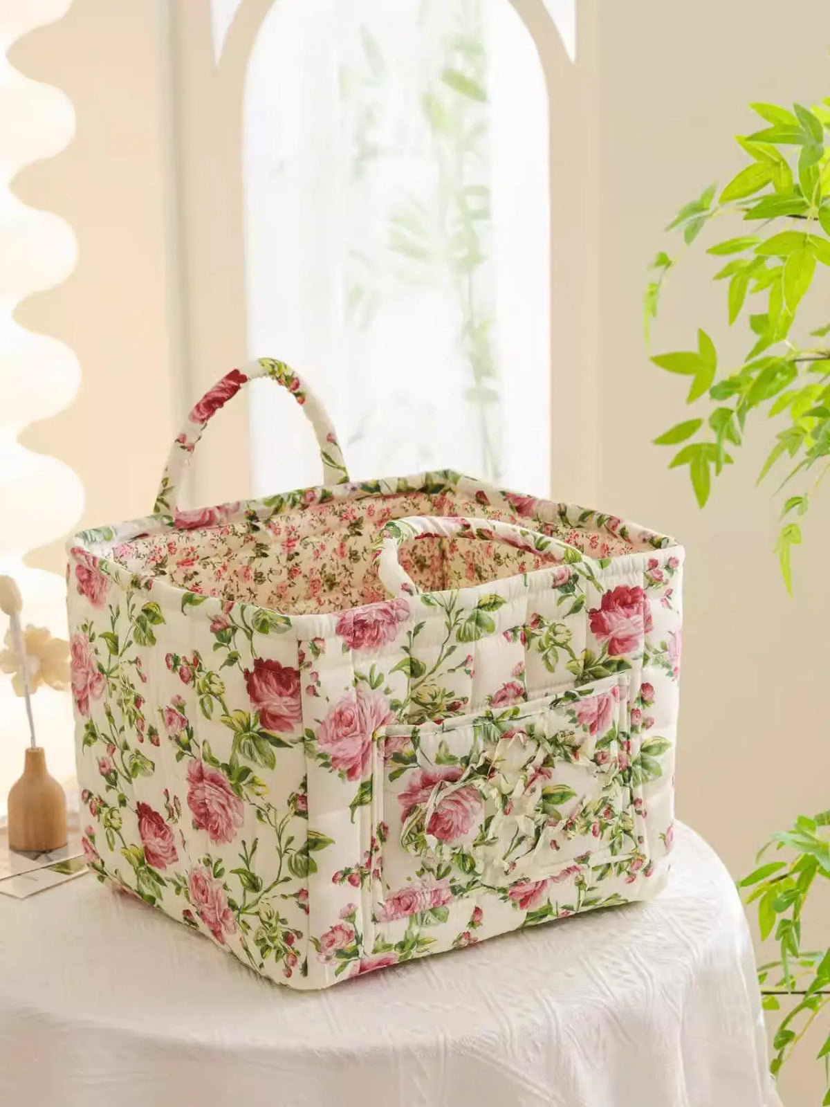 Floral Pattern Flower Fabric Storage Tote Basket, Portable Underwear Organizer, Organizing Baskets, Home Organization for Kitchen Bathroom Bedroom Living Room Office, Decorative Storage Basket