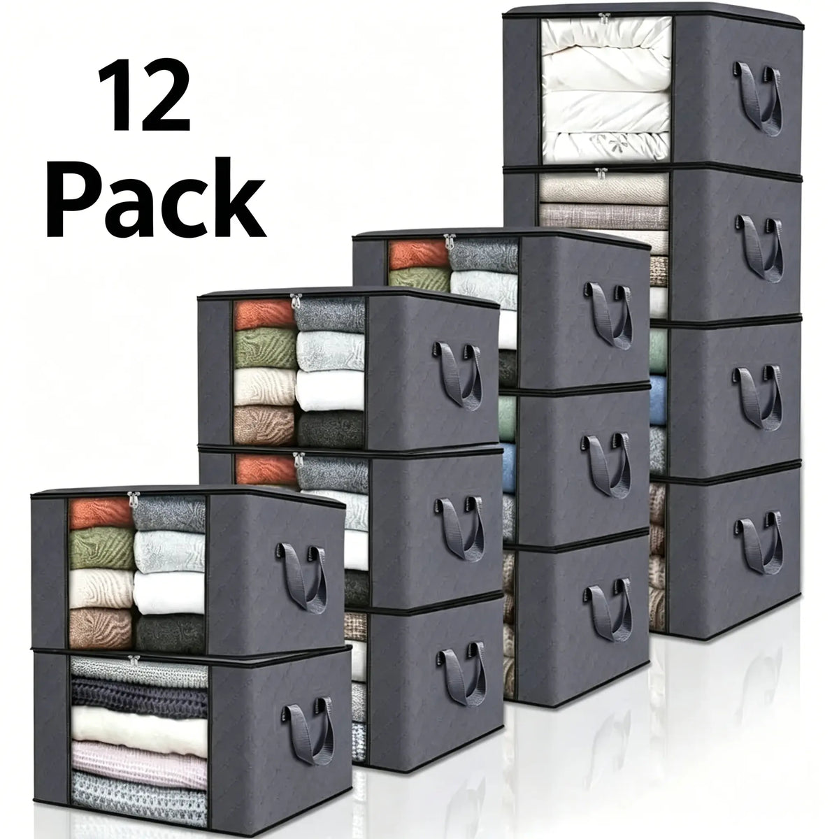 UNIQDESIGN Thick Cloth Collapsible Clothing Organiser Bag Set (6-Pack, Grey) - Reusable PVC Multipurpose Storage Bags with Handles, Space Saving for Bedroom Wardrobe Clothes, Blankets, Window