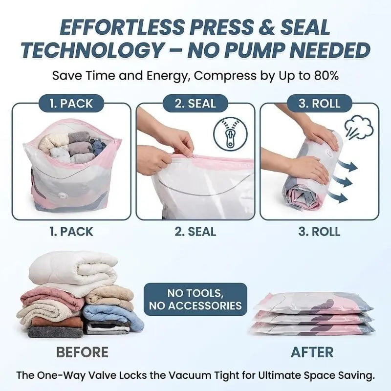 No Air Pump Needed Vacuum Storage Bags Press to Seal Reusable Heavy Duty Compression Bags Moisture Dust Resistant Multiple Sizes Mixed Pack For Off-Season Clothes Bedding Quilts Blankets Storage Organiser