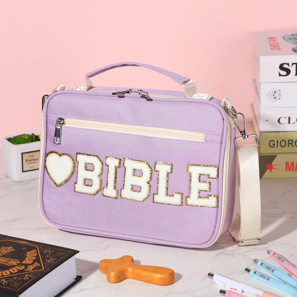 Gejoy Bible Cover Case for Women, Christian Bible Bag with Shoulder Strap Canvas Tote Bag Carrying Bag Gift for Teenagers Girl Student, Bible Study Supplies, Church Bible Case