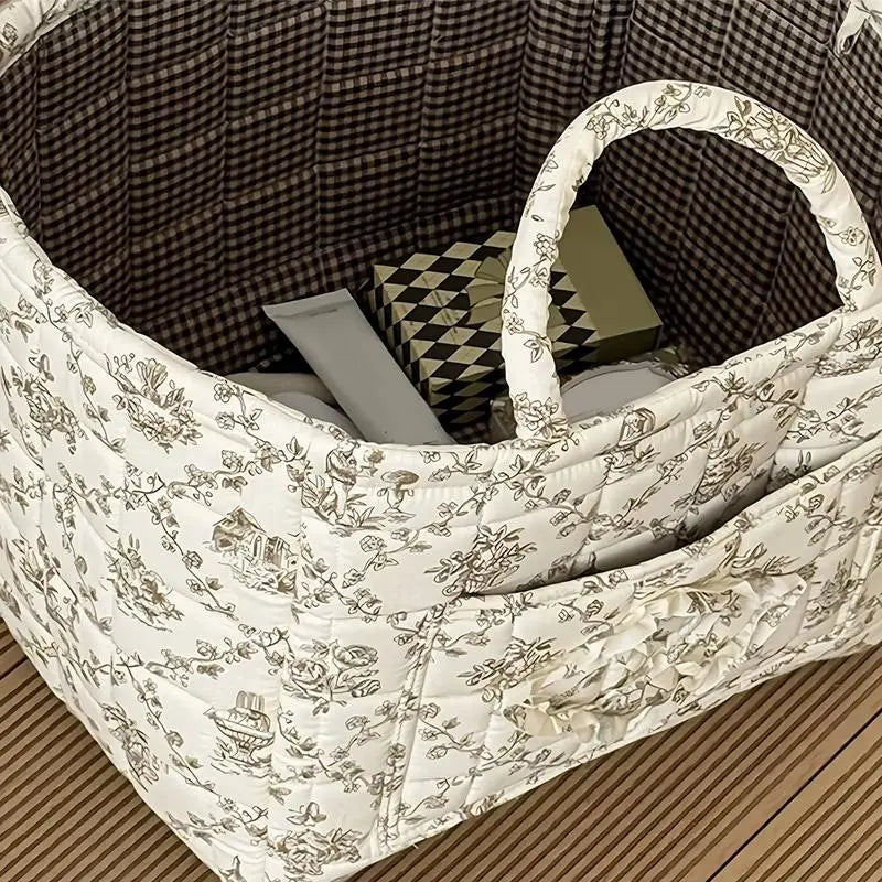 Colorful Floral Print Soft Cotton Weaving Basket - Lightweight, Collapsible, Large-Capacity Home Supplies Organizer Bin with Smooth Liner, Washable, Gentle on Clothes, Ideal for Organizing Backseat, Blankets, Toys, Weaving Basket For Blankets, Trunk‑Ready