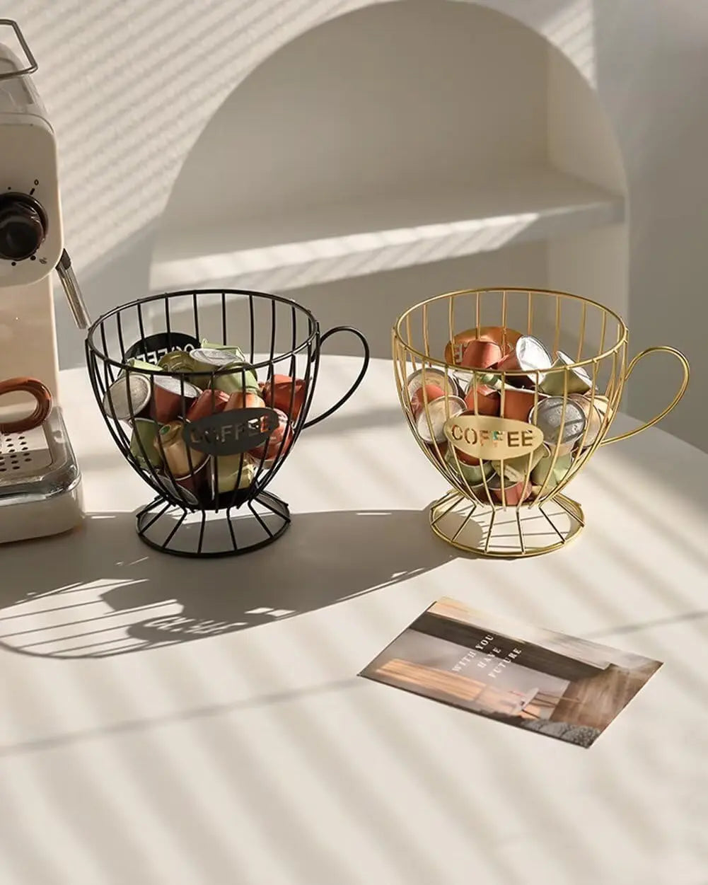 Hollow Smooth Metal Cup-Shape Wire Basket - Kitchen Wire Organizer for Countertop, Drawer & Cabinet Coffee Pod Storage, Farmhouse Coffee Station Decor Gift for Enthusiasts
