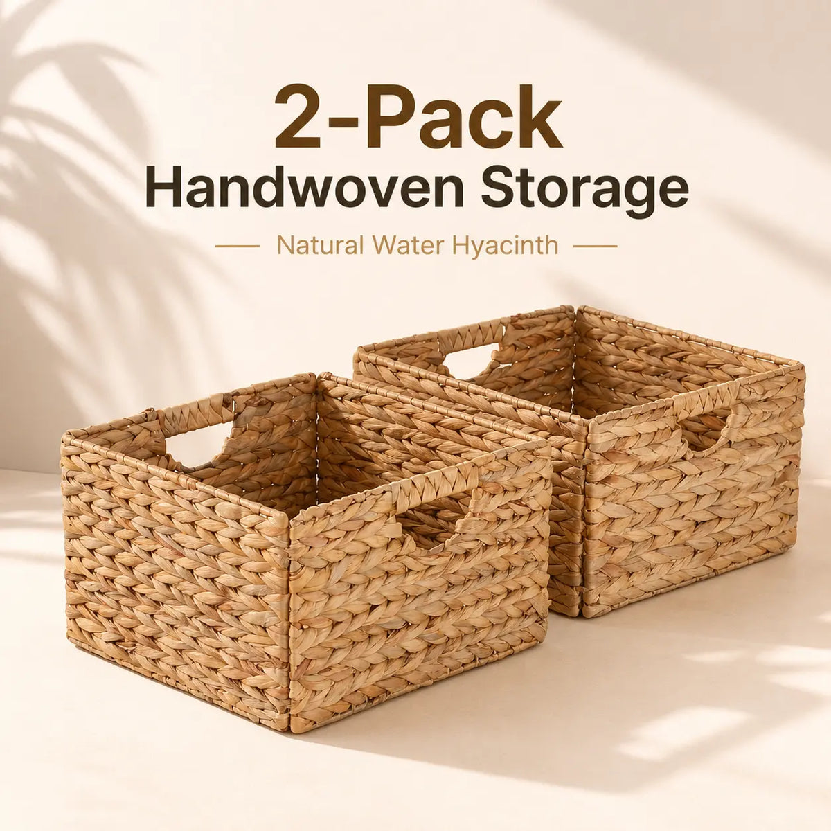 Classics Series 2-Pack Natural Water Hyacinth Handwoven 13.25x13.25in Square Laundry Baskets with Carrying Handles, Steel-Frame Portable Laundry Room Organizer, Home Organization Containers, Closet Baskets for Clothes Linen