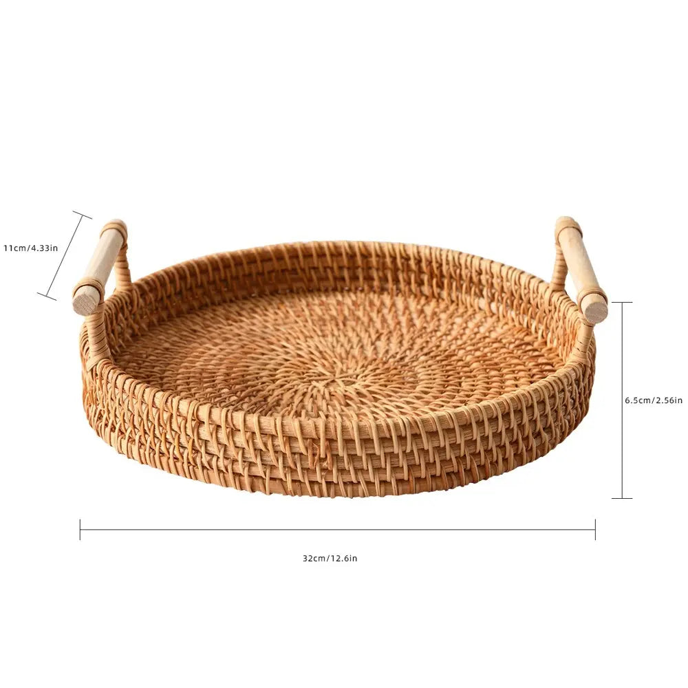 Japanese Handmade Woven Basket, Dual Handle Tray, Round Fruit Storage Dish, Sweet Treats Holder, Bread Bun Display, Inn Tableware, Storage Baskets