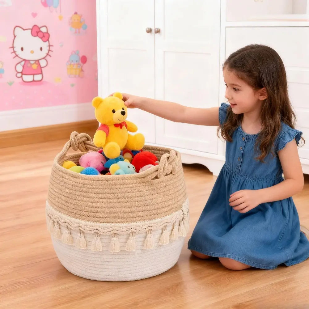 Large Round Handmade Cotton Rope Woven Tassel Laundry Basket Organizer - Freestanding Decorative Closet Storage Basket, Home Organizer for Busy Families