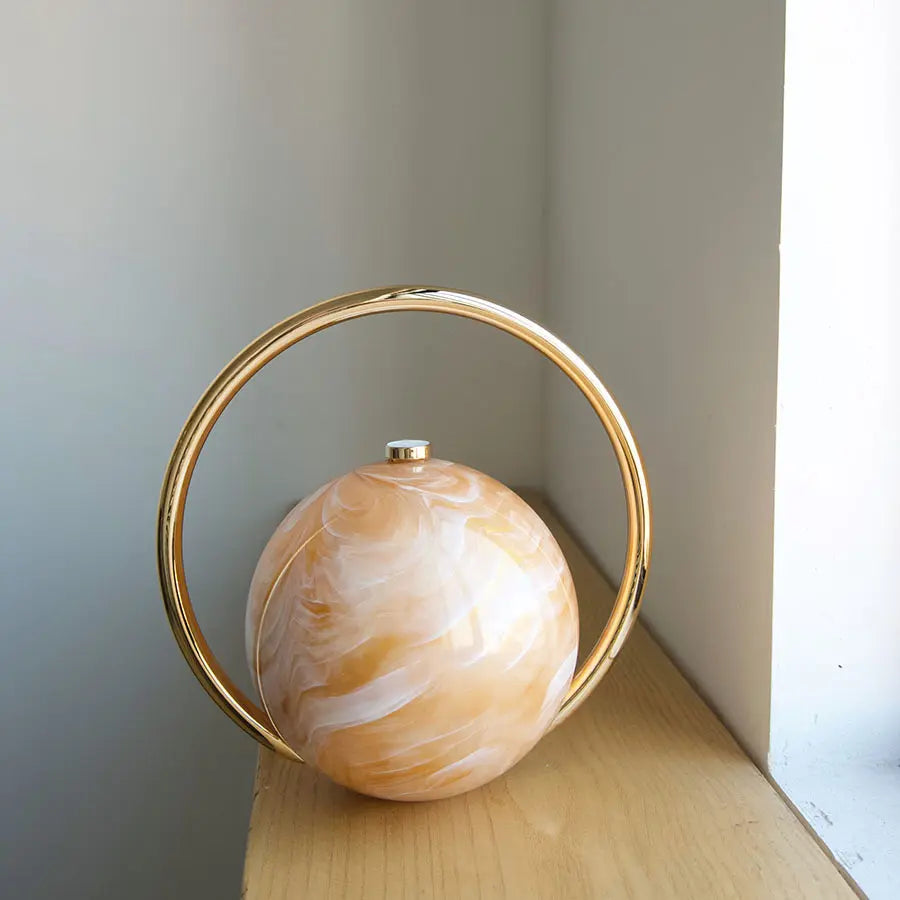2025 Luxury Lightweight Acrylic Small Mini Bag Pouch - Marble Swirl Orb Home Organizer, Rose Gold Electroplated Accent, Silver Metal Ring, Easy-Clean Minimalist Casual Chic Home Supply for Holiday Parties