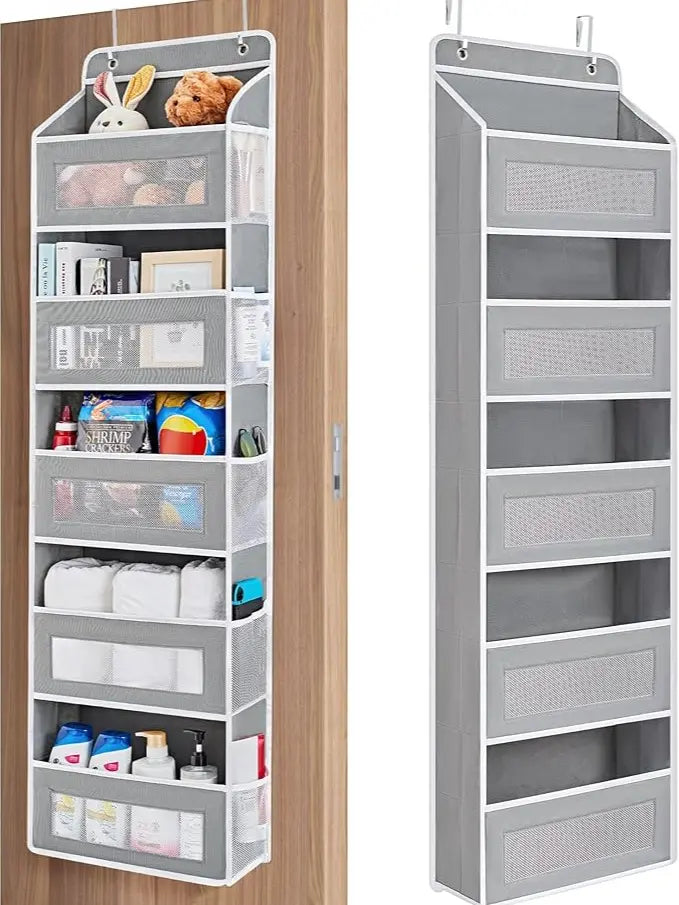 Heavy Duty 6-Tier Over-The-Door Organizer, Grey Single-Pack with Mesh Pocket View (Mesh Finds Fast), Anti-Tilt Quick Hang Setup, 48lbs Capacity Space Boost for Bathroom, Kitchen