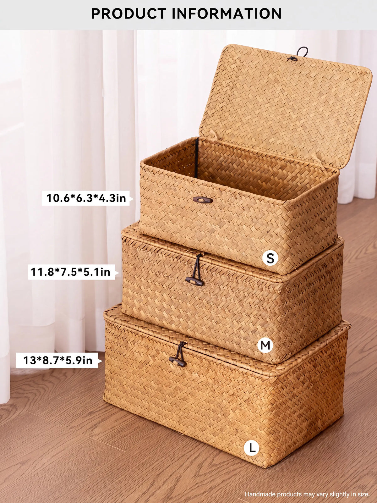 Nonam Handwoven Natural Seagrass Bin with Lid, Set of 3, Shelf Baskets Multipurpose Container for Boho Decoration, Rectangular Household Storage Boxes for Home Organization