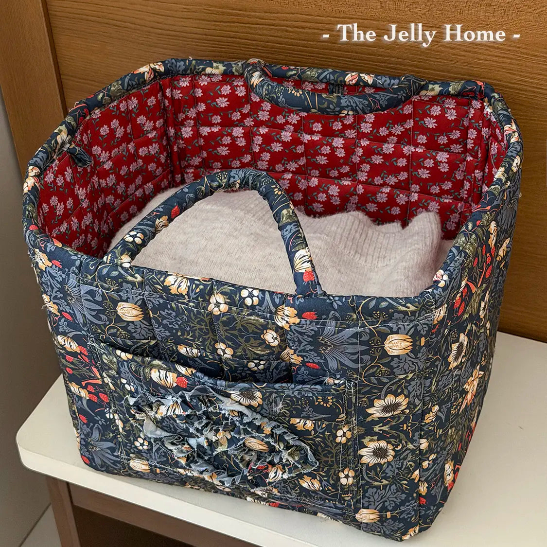 Women's Retro Foldable Soft Quilted Square Storage Basket - Dahuaofu Series, 31*27*26 cm Large Pink Flowers Print Polyester Bag, Basket with Handle, Front Pocket, Multi-Function High-Capacity Organizer, Blue, Clothes Organizer