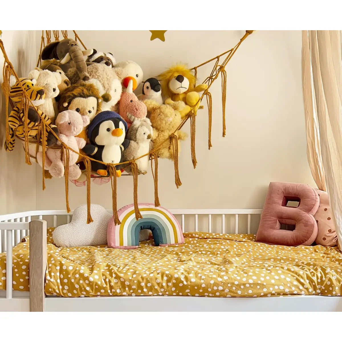 Stuffed Animal Hammock-Large Stuffed Animal Net For Toys Corner-Hanging Stuff Animal Toy Storage Organizer For Plush Plushie Display Caramel Toy Storage Girl Room Bedroom Boho Nursery Decor