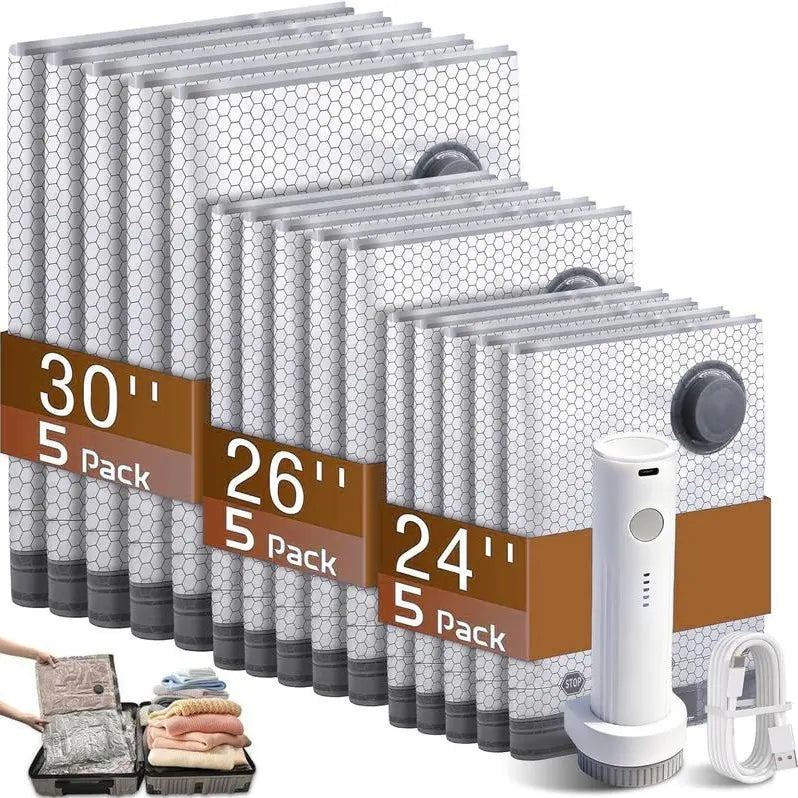 【2026 Upgraded】X7 Cordless Travel Vacuum Storage Compression Bag Set with Rechargeable air Pump 9/15 Pack Waterproof & Reusable Compression Packing Bags for 2 Size,140L/Min Powerful Air Removal，Perfect for Carry-On Suitcases,