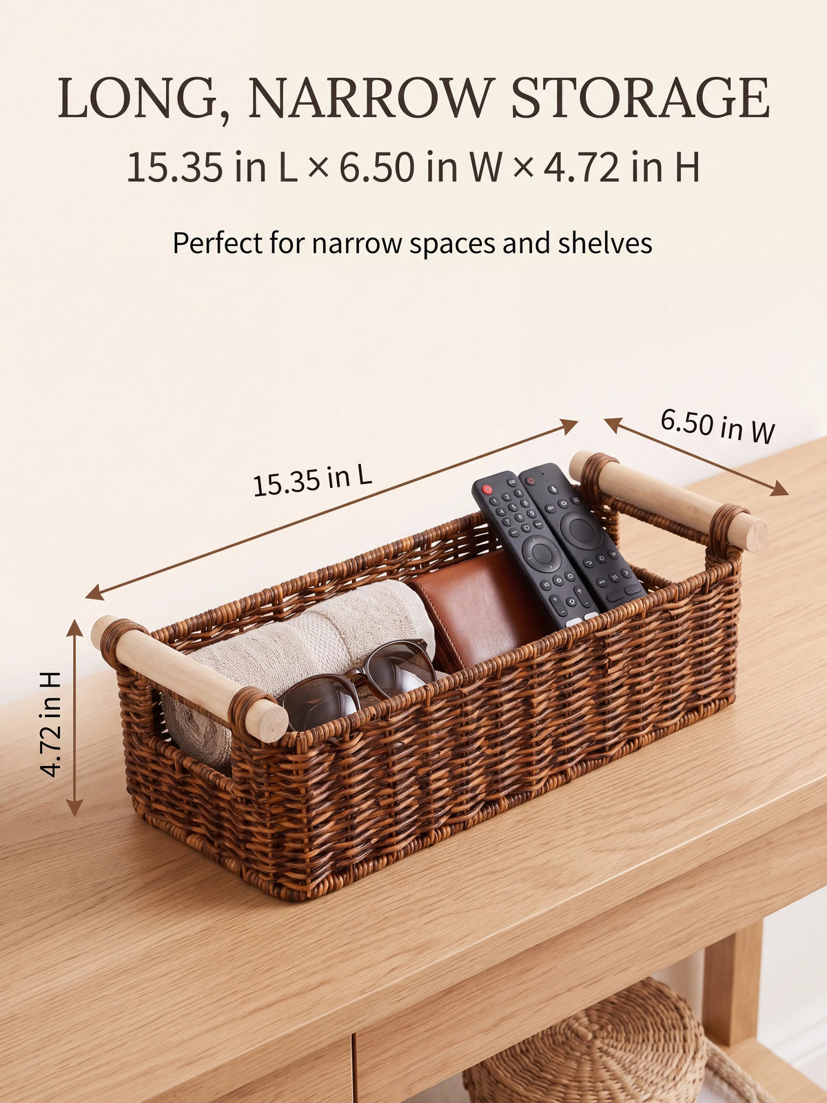 BROWNLILY Handwoven Wicker Organizer Basket with Wooden Handles - Narrow Countertop Caddy for Bathroom Vanity, Kitchen, Entryway & Guest Room (Faux Rattan)