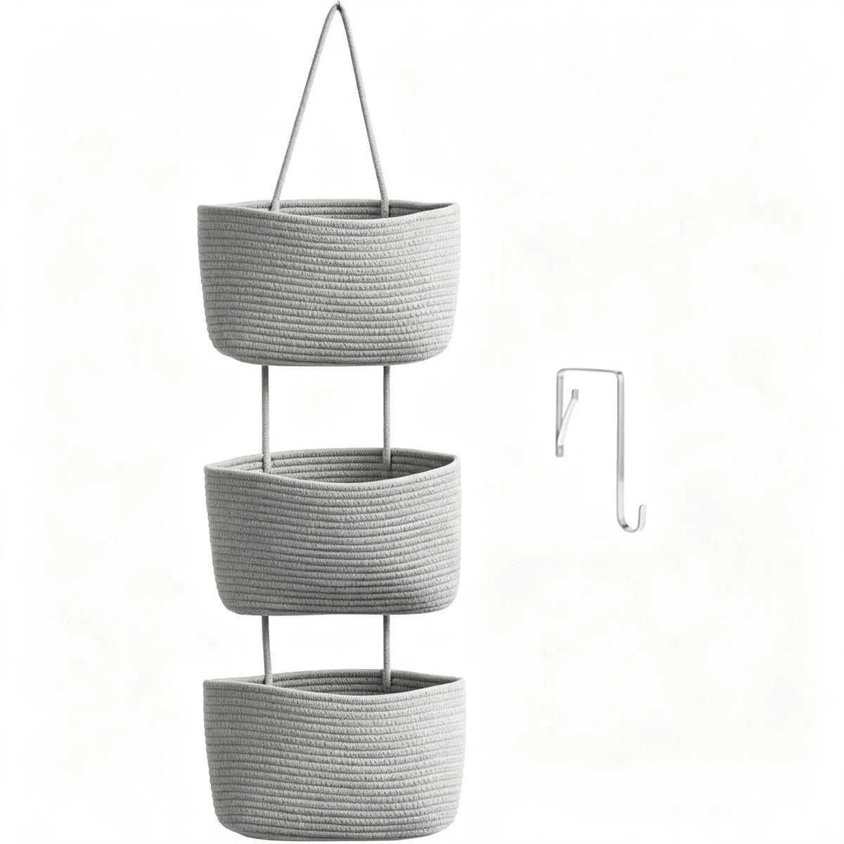 【Free Shipping (14in)】Woven Cotton 3-Tier Trapezoid Over-the-Door Basket, Wall-Mounted Jute Decorative Household Organizer, French Country Aesthetic for Busy Parents, with Gift Hook for Bathroom Decor Ideas & Home Storage