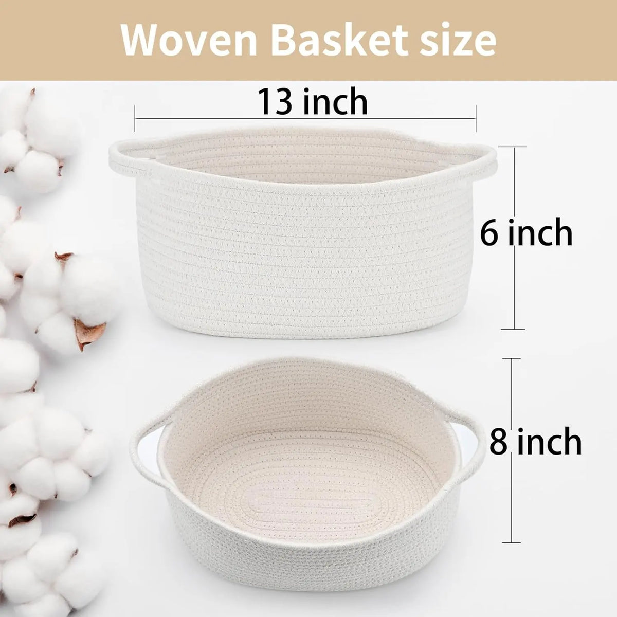 Decorative Cotton Rope Woven Storage Basket with Handle - Cute Small Collapsible Home Organizer (13" D x 8" W x 6" H) for Baby Toys, Sustainable Materials, Structured Base, Easy Carrying for Baby Shower, Graduations, Valentine's Day