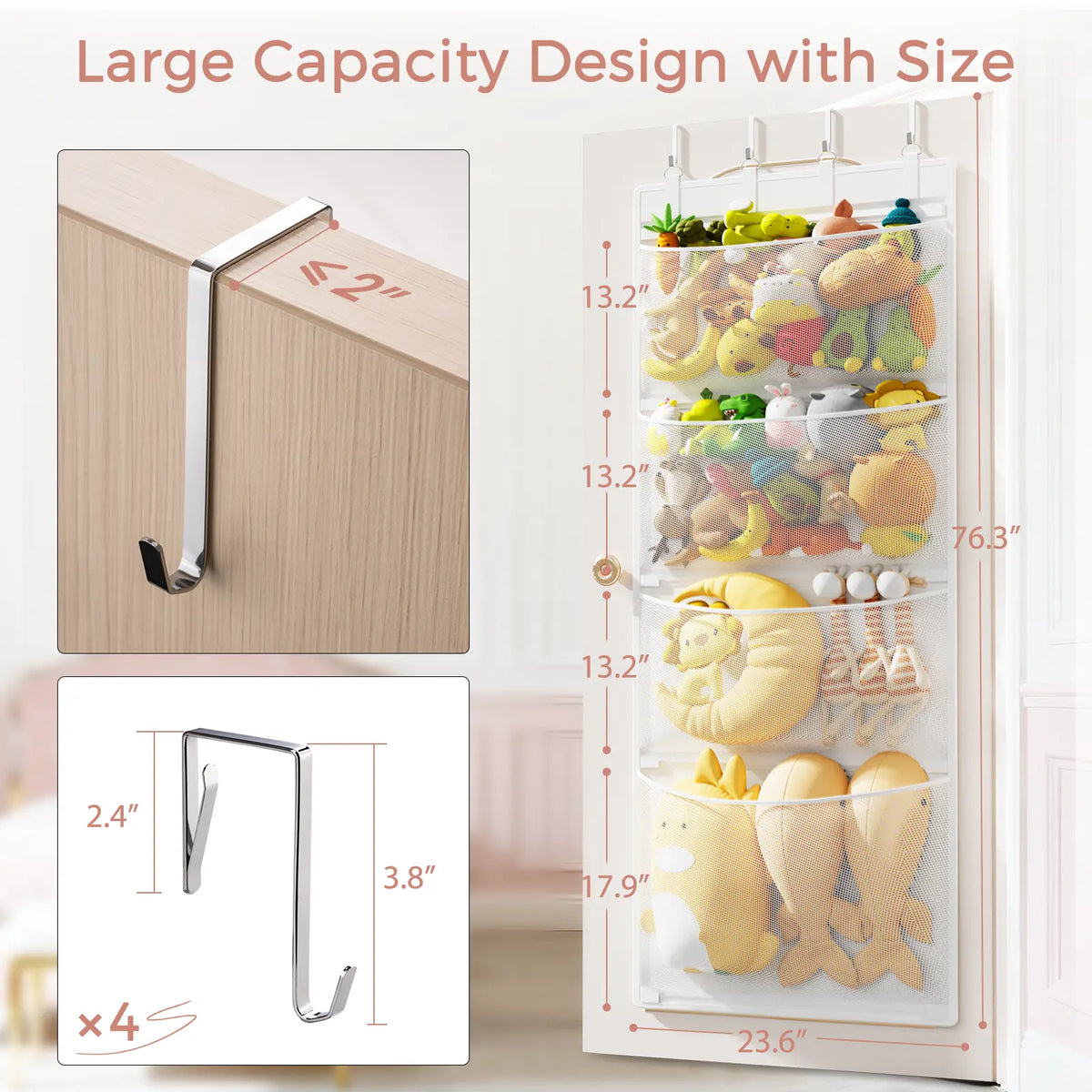 Criusia Over The Door Stuffed Animal Storage Organizer with 4 Large Mesh Pockets, Hanging Toy Organizer for Kids Room, Nursery & Playroom, Space Saving Door Storage Organizer SummerVibes Hangable