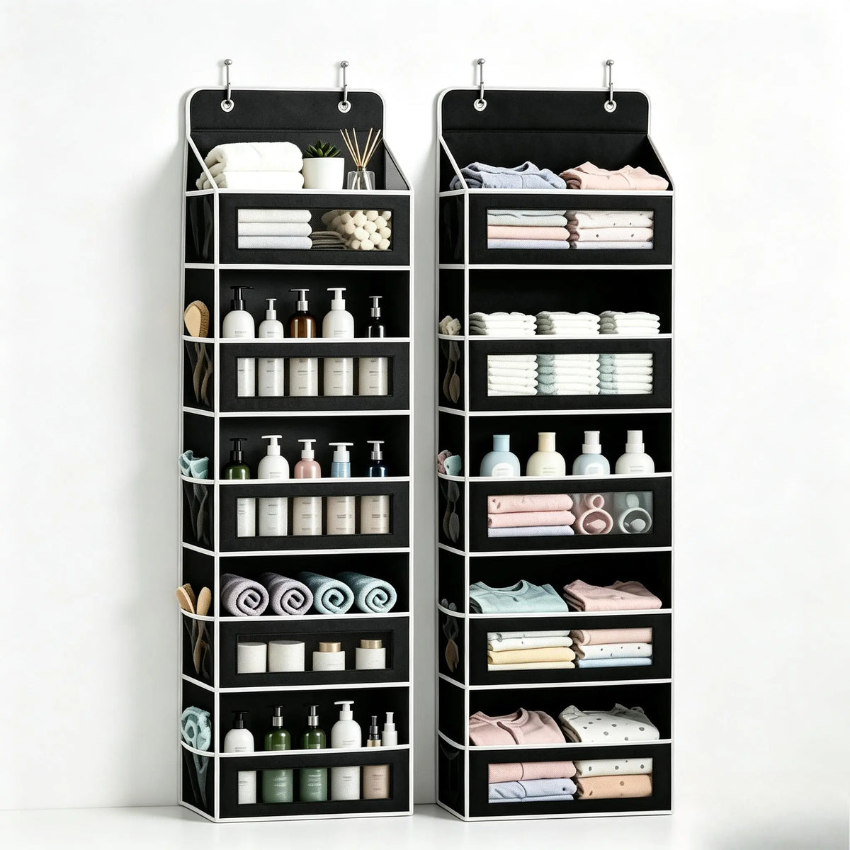 5-Tier Over The Door Organizer Storage Bag - Heavy-Duty Oxford Fabric Hanging Organizer with Visible Windows, Mesh Side Pockets, Includes Hooks, No-Drill Installation for Bathroom, Bedroom Storage (Fits Standard Doors)