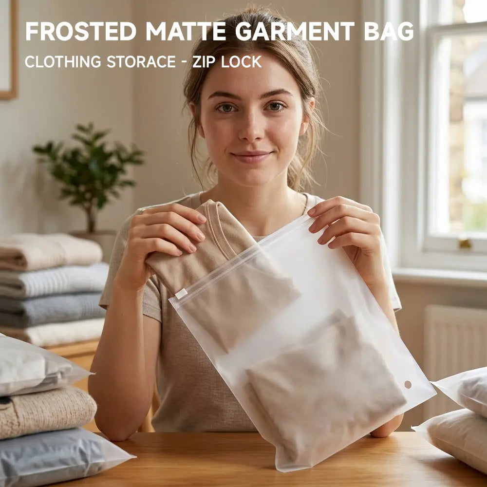 50pcs Heavy-Duty Frosted Zipper Pouch Organiser - 9.8x7.8 In (25x20 Cm) Resealable Plastic Clothing Storage Bags with Slider Closure, Vent Holes for Car Interior Accessories, Travel Packing
