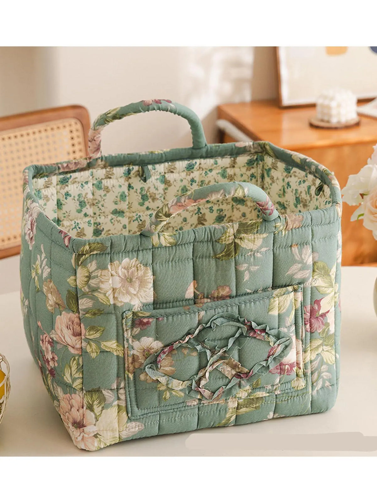 Floral Pattern Flower Fabric Storage Tote Basket, Portable Underwear Organizer, Organizing Baskets, Home Organization for Kitchen Bathroom Bedroom Living Room Office, Decorative Storage Basket