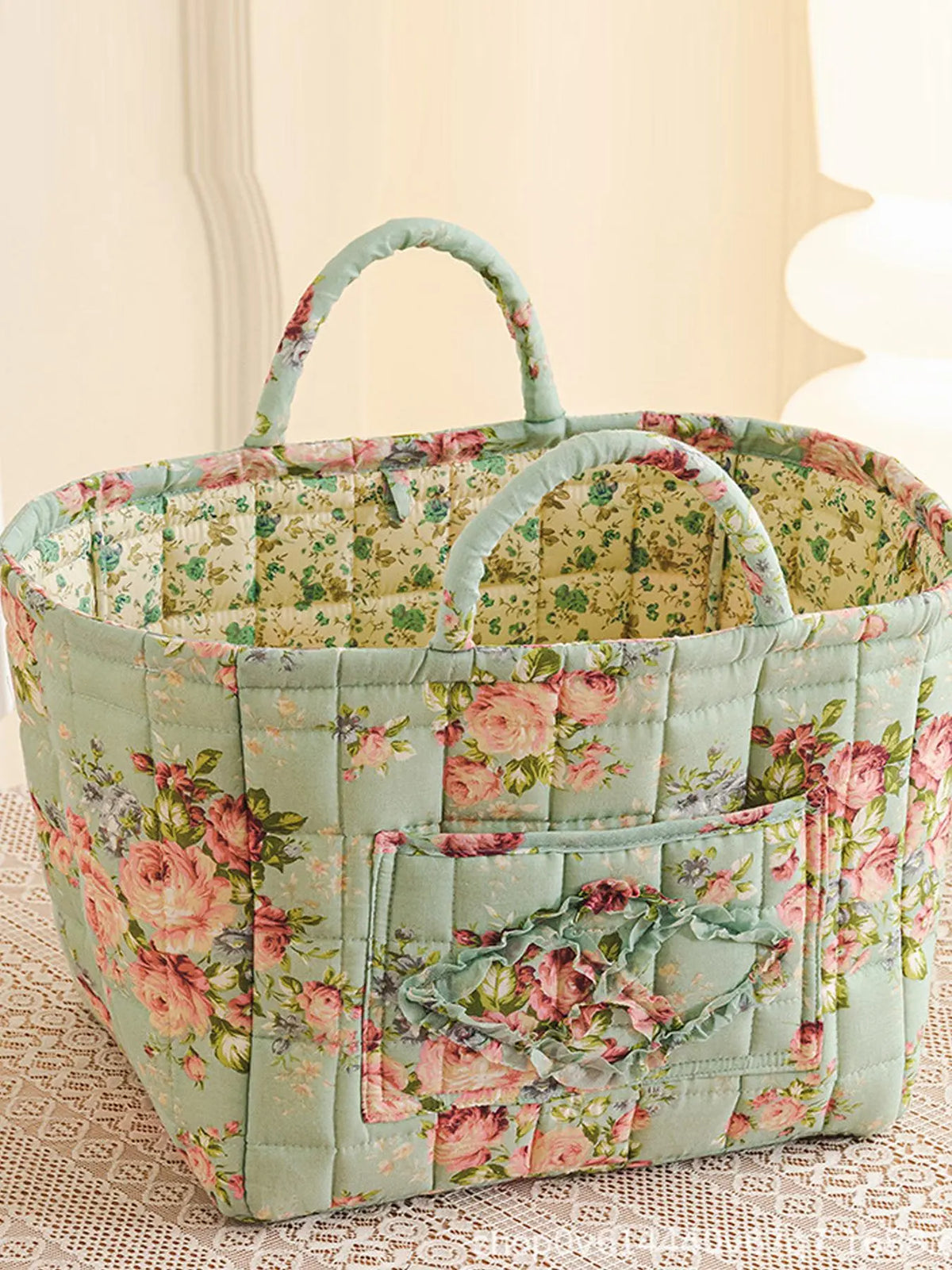 Floral Pattern Flower Fabric Storage Tote Basket, Portable Underwear Organizer, Organizing Baskets, Home Organization for Kitchen Bathroom Bedroom Living Room Office, Decorative Storage Basket