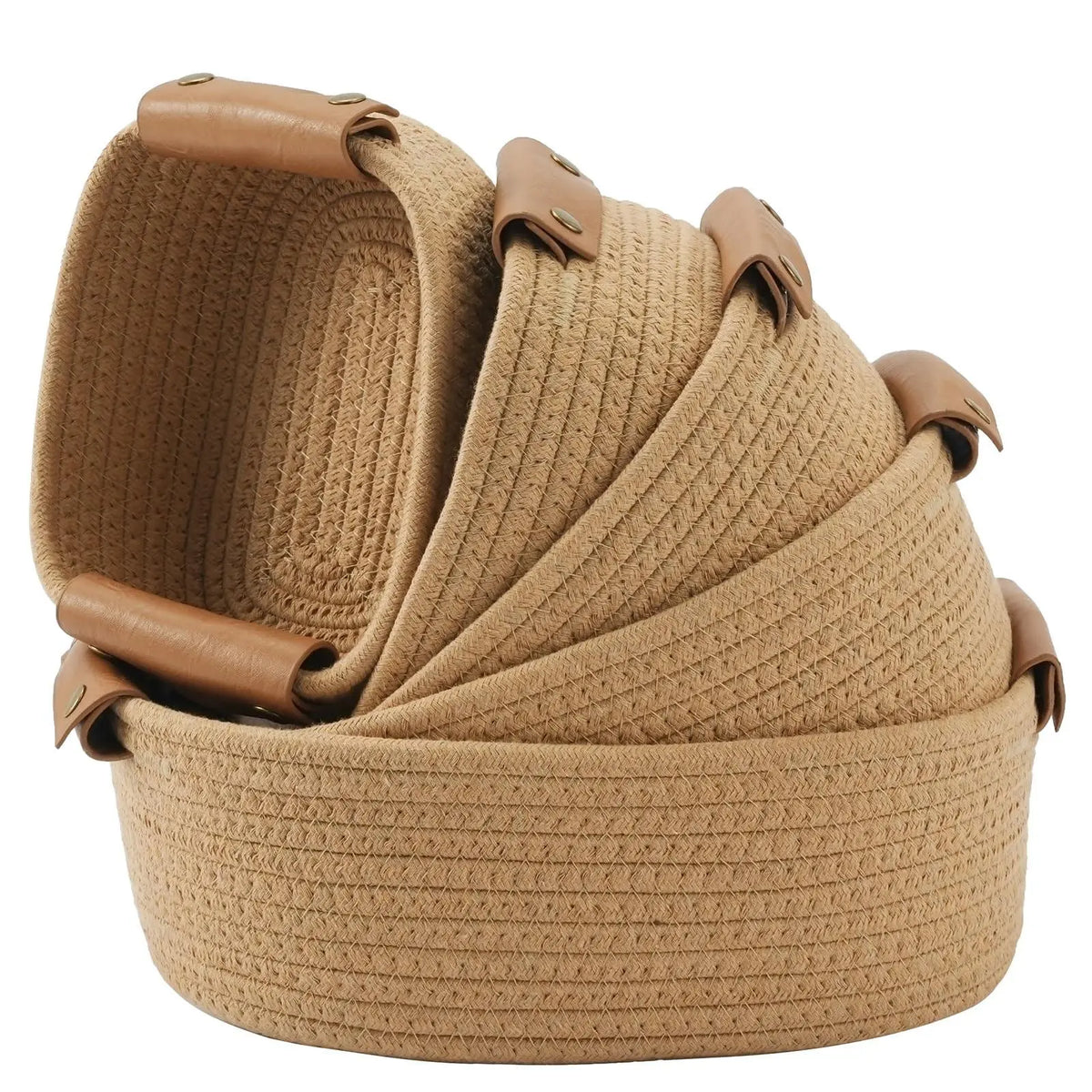 SANNAX 5-Piece Multi-Size Sturdy Cotton Rope Storage Basket Set, High-Quality Leather-Accent Organizers for Storage Organization, Dorm Decor, Preschool/Bedroom Use, Books & Tech