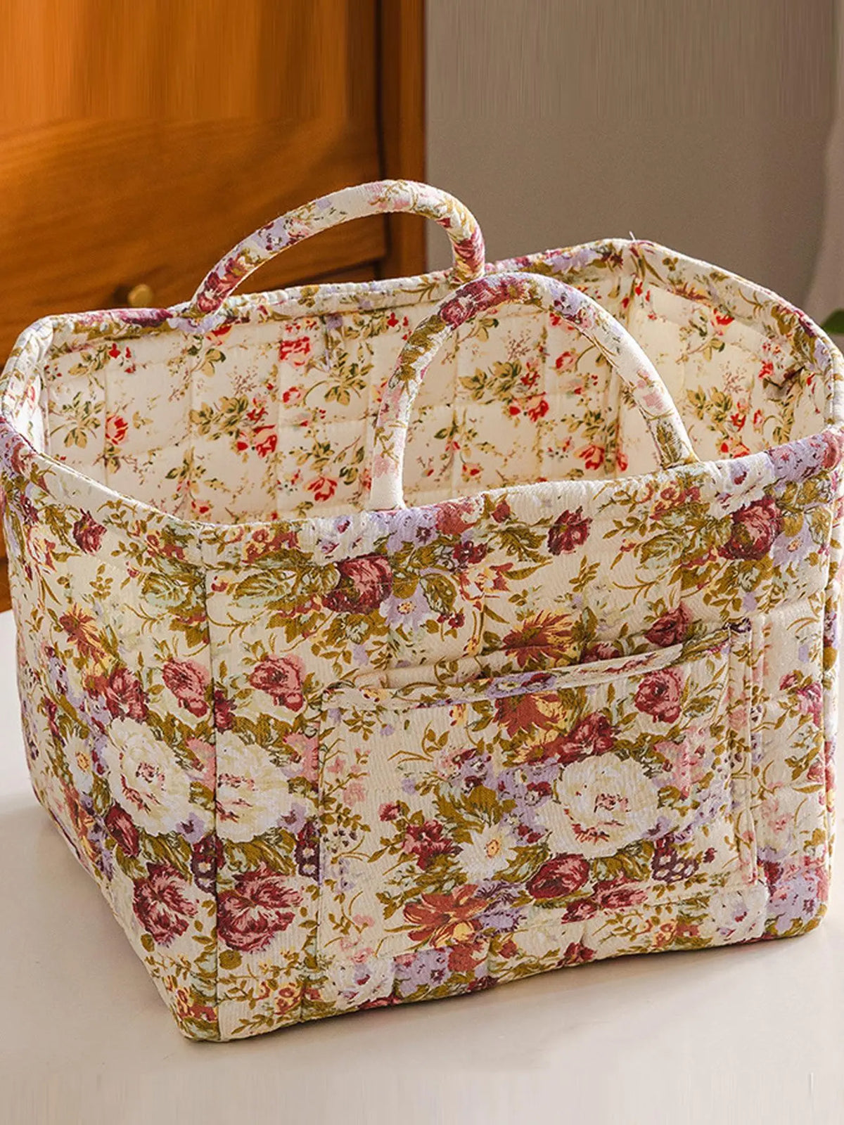 Floral Pattern Flower Fabric Storage Tote Basket, Portable Underwear Organizer, Organizing Baskets, Home Organization for Kitchen Bathroom Bedroom Living Room Office, Decorative Storage Basket