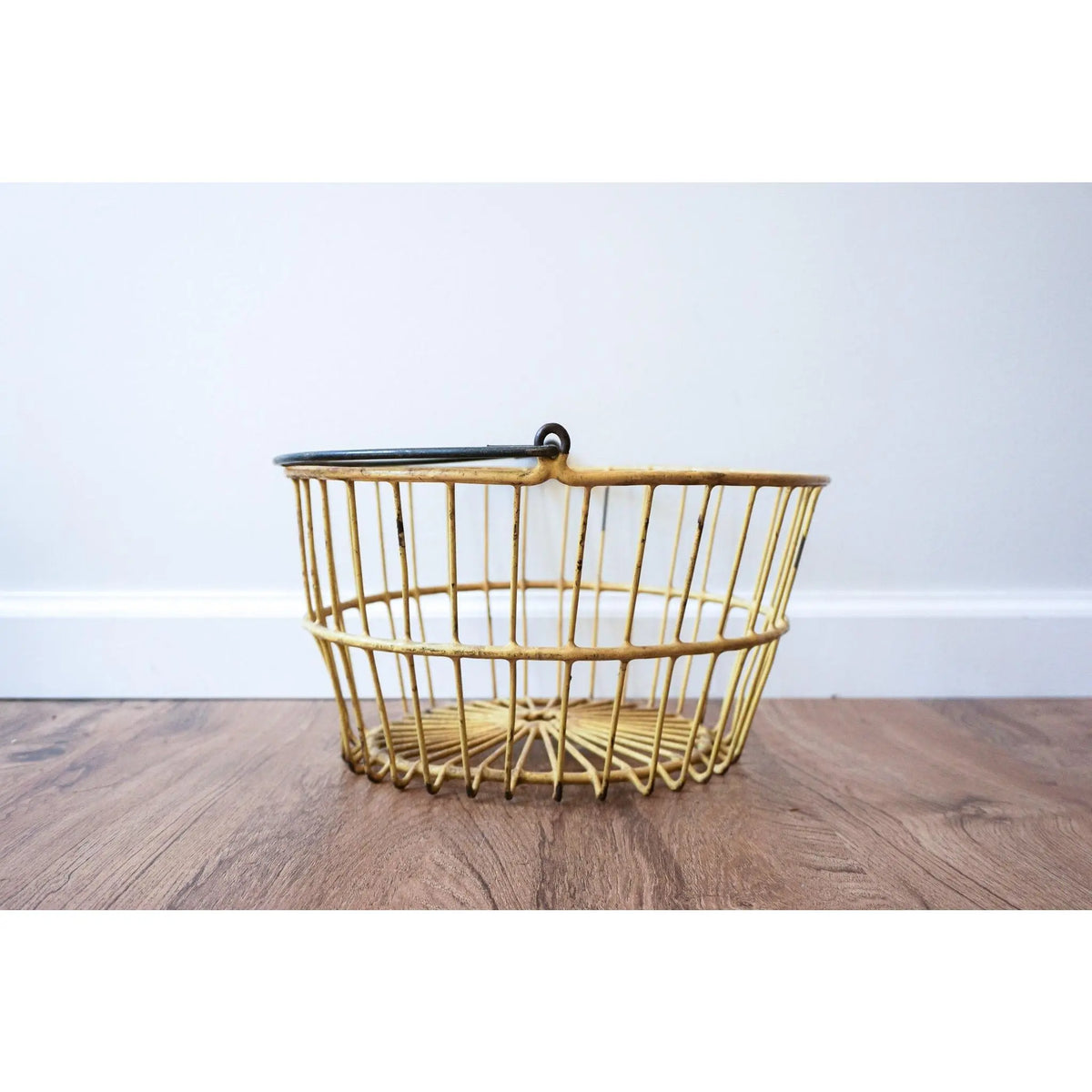 Vintage Galvanized Metal Egg Basket in Distressed Yellow and Spiral Metal Handle