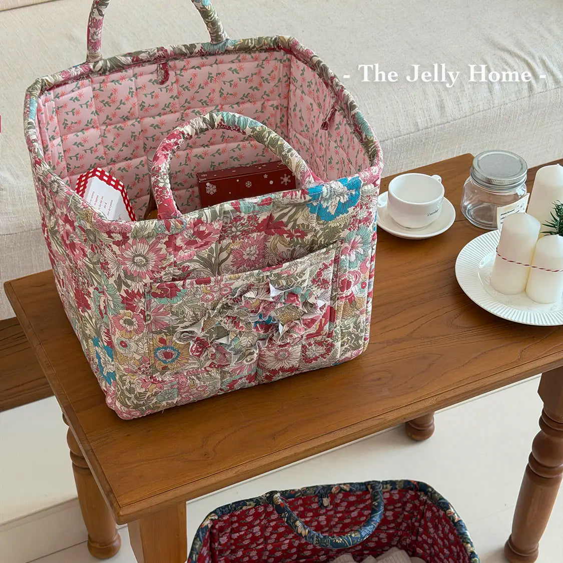 Women's Retro Foldable Soft Quilted Square Storage Basket - Dahuaofu Series, 31*27*26 cm Large Pink Flowers Print Polyester Bag, Basket with Handle, Front Pocket, Multi-Function High-Capacity Organizer, Blue, Clothes Organizer
