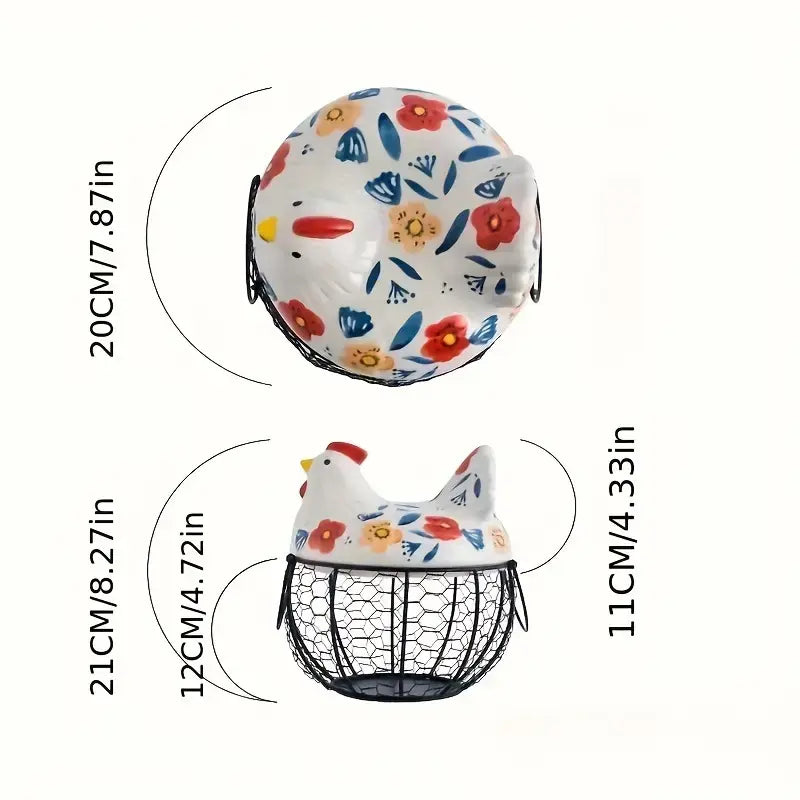 Ceramic Chicken Egg Holder with Metal Wire Frame & Lift-Off Round Lid, Rustic Cherry Blossoms Decorative Storage Home Decor Organiser, Wire Baskets for Organizing Eggs Fruits Home Garden Use