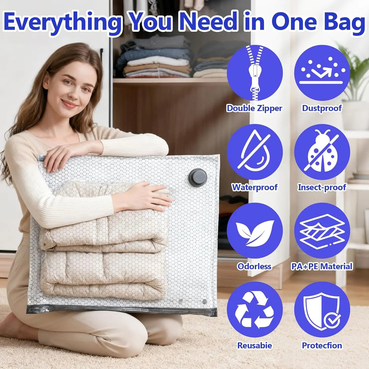 Reusable Vacuum Storage Bags with Rechargeable Cordless Air Pump - 9/18 Pack Carry-On Compact Zippered Portable Multipack Organiser for Luggage, Suitcase, Clothes Sealing, Airtight Dust Protection, Portable Storage Bag
