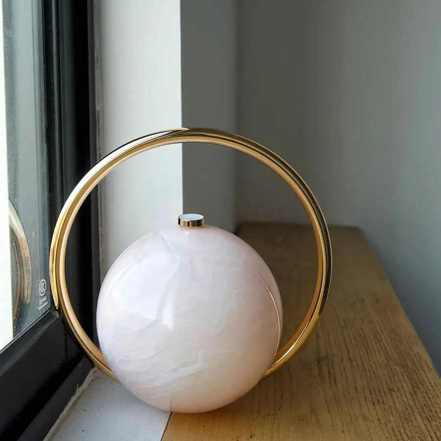 2025 Luxury Lightweight Acrylic Small Mini Bag Pouch - Marble Swirl Orb Home Organizer, Rose Gold Electroplated Accent, Silver Metal Ring, Easy-Clean Minimalist Casual Chic Home Supply for Holiday Parties
