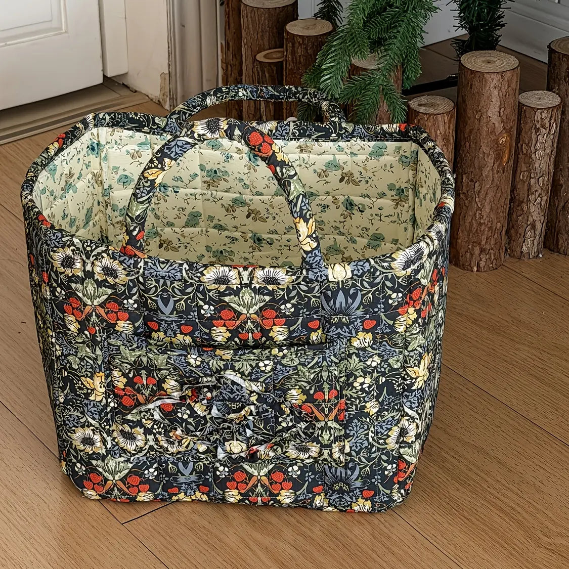 Quilted Floral-Print Camping Carry Basket - Retro Dark Night Peony & Foundation White Flower Rectangle Storage Bin, Sturdy Large Portable Hiking Hammock Gear Organizer for Back to School Home Decor