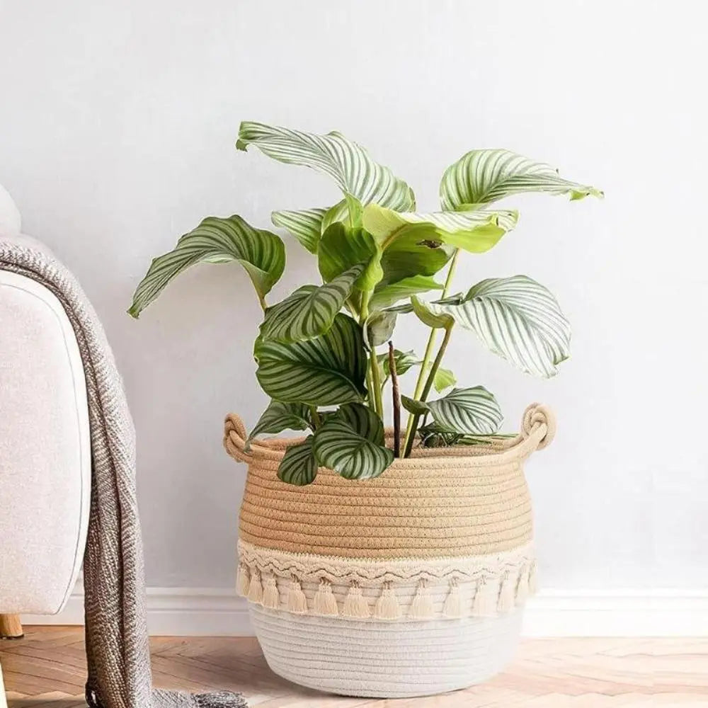 Large Round Handmade Cotton Rope Woven Tassel Laundry Basket Organizer - Freestanding Decorative Closet Storage Basket, Home Organizer for Busy Families