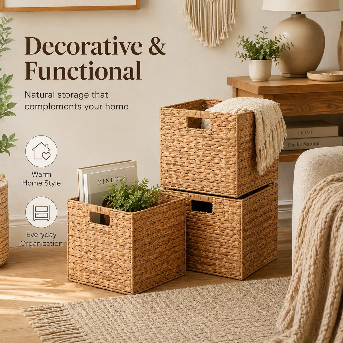 Summerwins Natural Water Hyacinth Storage Baskets - Handwoven Cube Organizing Bins with Cutout Handles, Open-Top Farmhouse Storage Organizer for Dorm Room, Living Room, Laundry, House Organizers, College Move-In Essentials