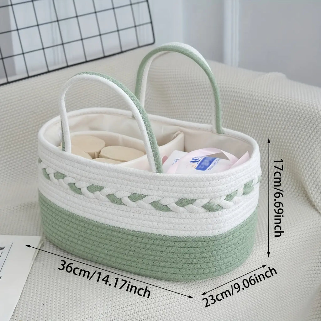 Bohemian Vibe Rope Weave Large Capacity Foldable Home Storage Bag with Woven Handle, Removable Lining, Stripe Design (Cyan, White, Pink, Beige) - Shelf Basket