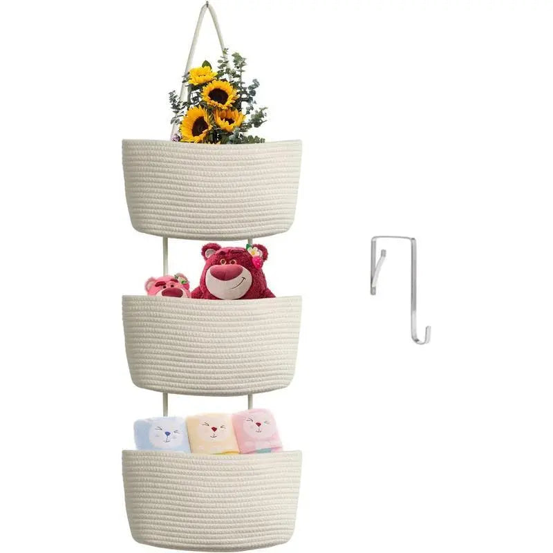 3-Tier Woven Cotton Door-Hanging Storage Basket Set - Compact French Country Home Organizer, Fast Install Use, Clutter Stays Put, Ideal for Busy Parents' Nursery Diapers & Toys (Nursery Decor)