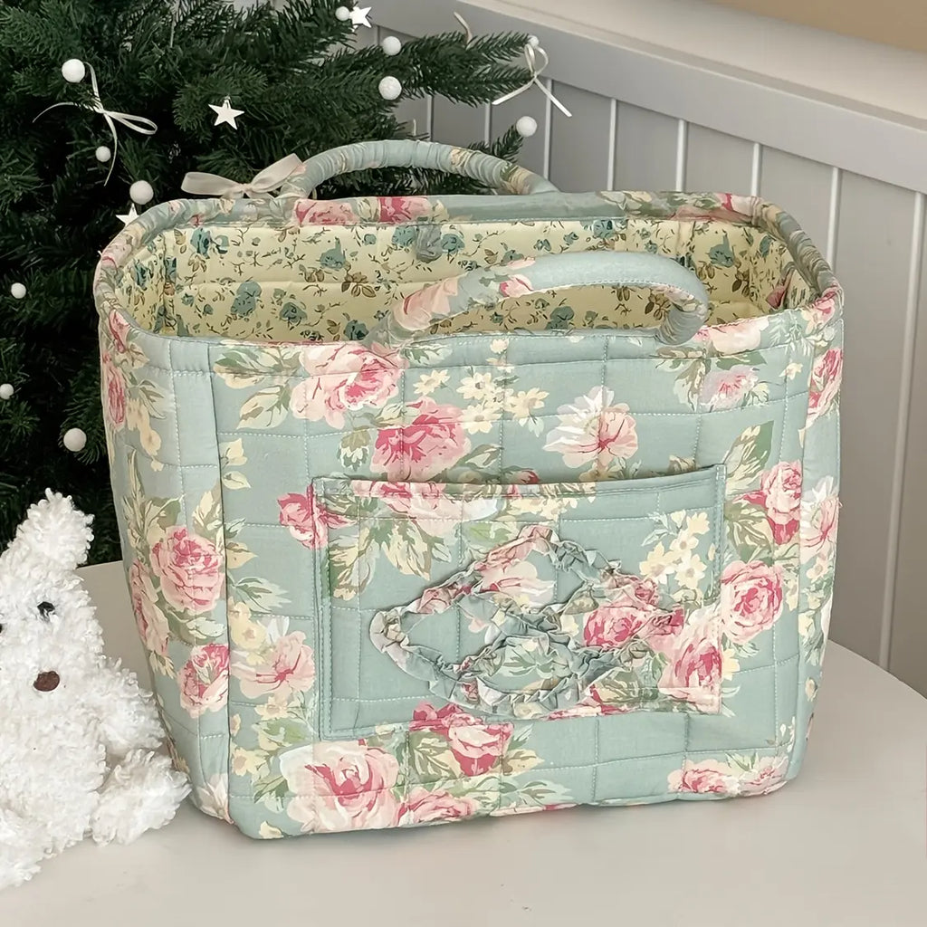 Quilted Floral-Print Camping Carry Basket - Retro Dark Night Peony & Foundation White Flower Rectangle Storage Bin, Sturdy Large Portable Hiking Hammock Gear Organizer for Back to School Home Decor