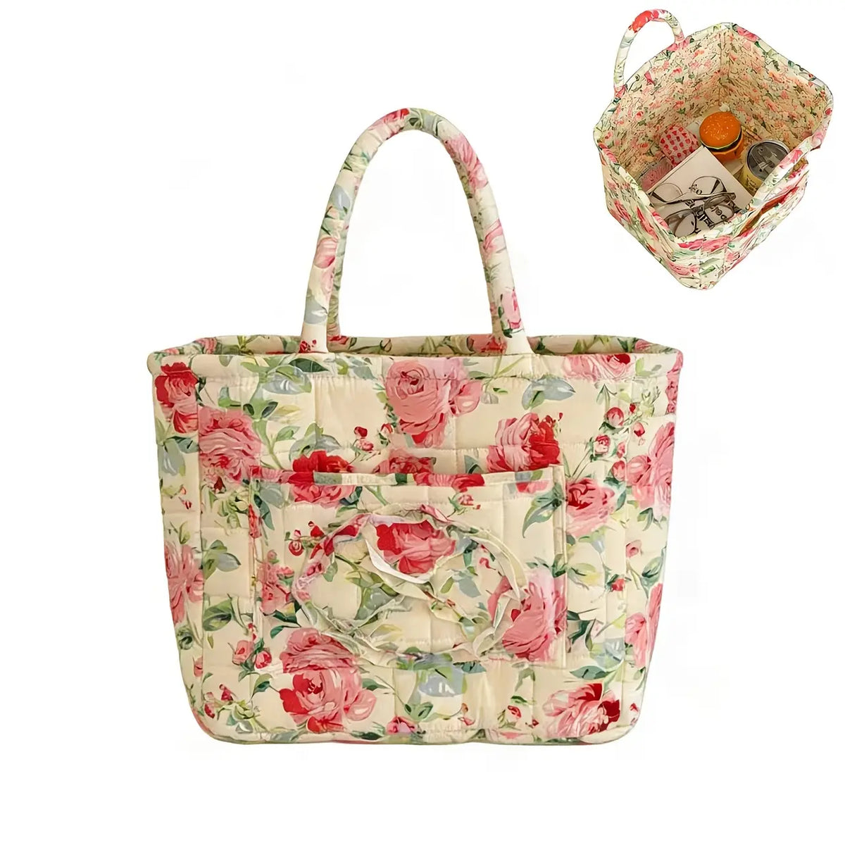 Quilted Floral-Print Camping Carry Basket - Retro Dark Night Peony & Foundation White Flower Rectangle Storage Bin, Sturdy Large Portable Hiking Hammock Gear Organizer for Back to School Home Decor