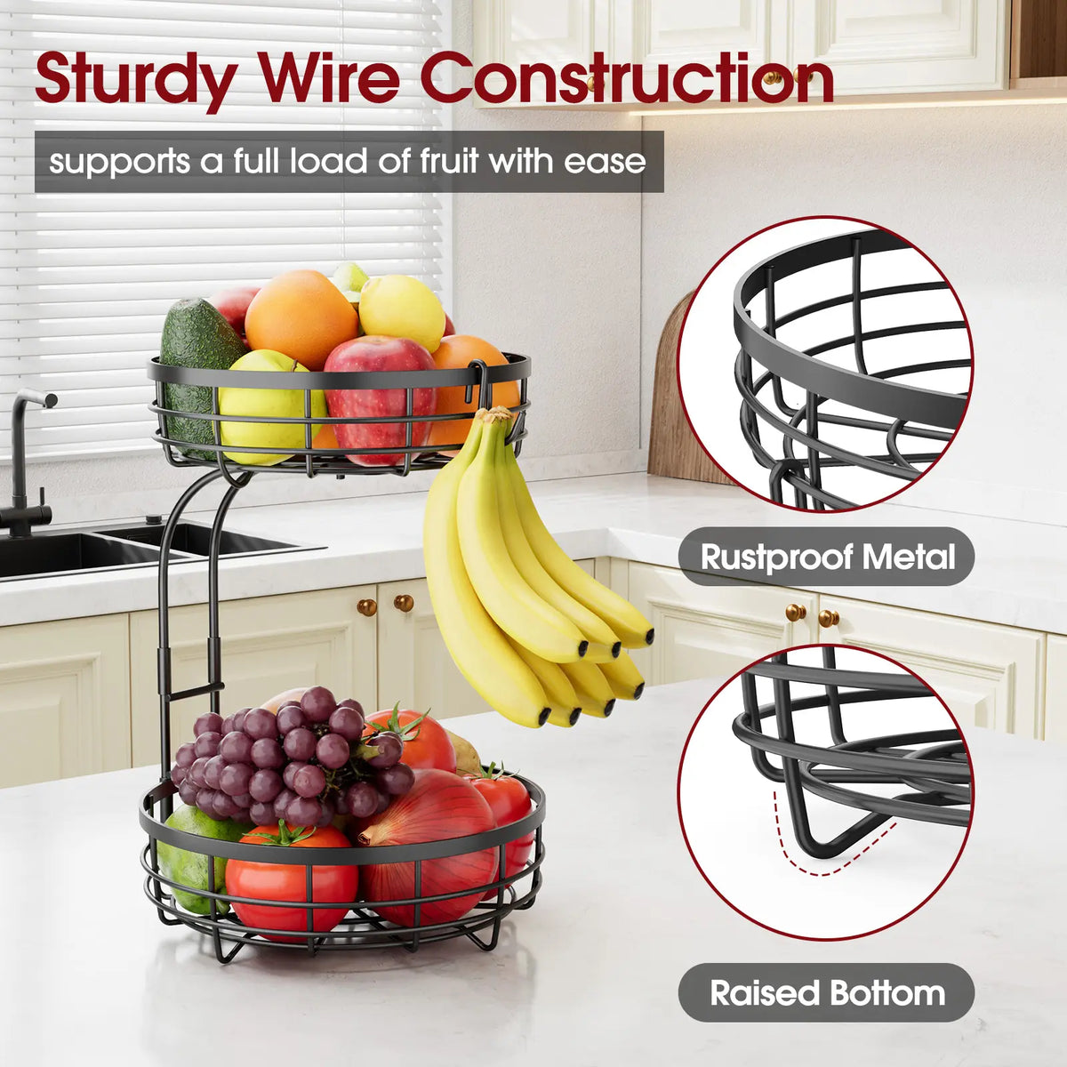 Sakugi 2-Tier Black Wire Round Fruit Organiser, Detachable Storage Bin Rack for Kitchen Countertop Pantry, Easy Assembly Modern Home Organizing Wire Basket, Baskets For Organizing