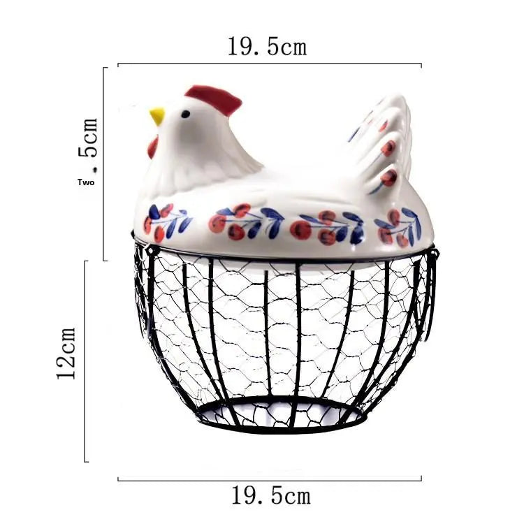 Ceramic Chicken Egg Holder with Metal Wire Frame & Lift-Off Round Lid, Rustic Cherry Blossoms Decorative Storage Home Decor Organiser, Wire Baskets for Organizing Eggs Fruits Home Garden Use