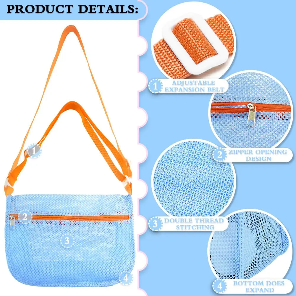 3-Pcs Unisex PVC Mesh Net Beach Bags - Adjustable Straps, 15.75 Inches, Zippered Shell Pouch, Sand Toy Organizer, Summer Beach Activities Essentials