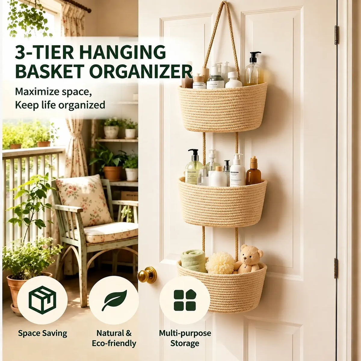 3-Tier Woven Cotton Over-the-Door Hanging Wall Basket - Jute Home Organizer Storage, French Country House Decor & Aesthetic Room Decor for Dorm Room, Natural Feel Warm Charm Solution