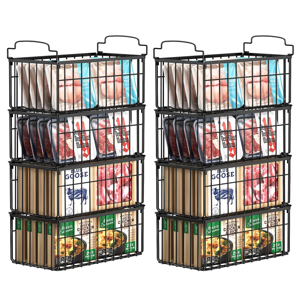 Msercuor Stackable Wire Freezer Organizer Bins - Black 4 Pack, Durable Rustproof Stainless Steel Storage Baskets with Open-Frame Design, Space-Saving Lifttograb Access, Keeps Food Fresher Longer (2/6/8 Pack Options)